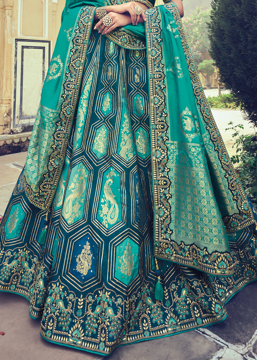 Shades Of Blue Banarasi Silk Lehenga Choli with Khatli and Heavy Embroidered work