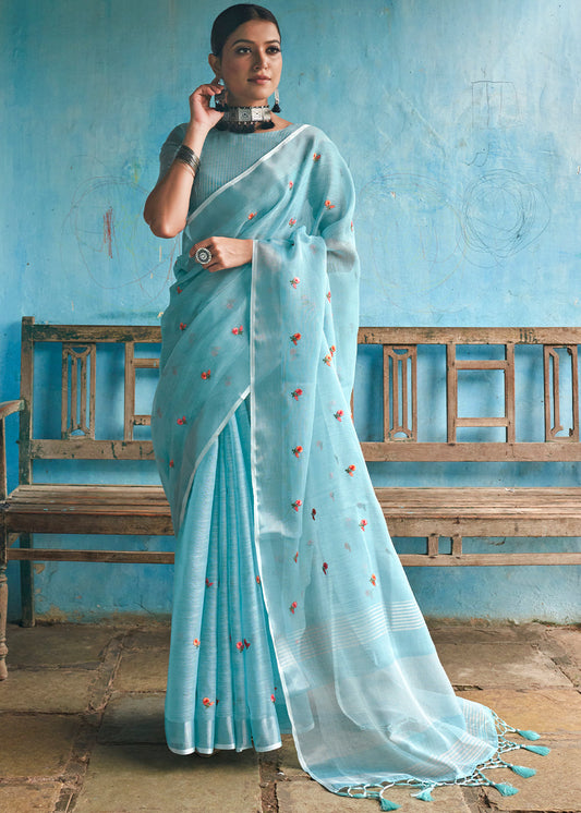 Baby Blue Floral Embroidered Linen Saree