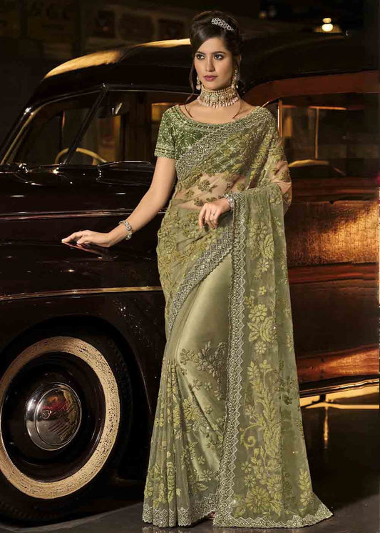 Mehendi Green Designer Net Saree with Jari, Mirror & Moti Cut Dana work