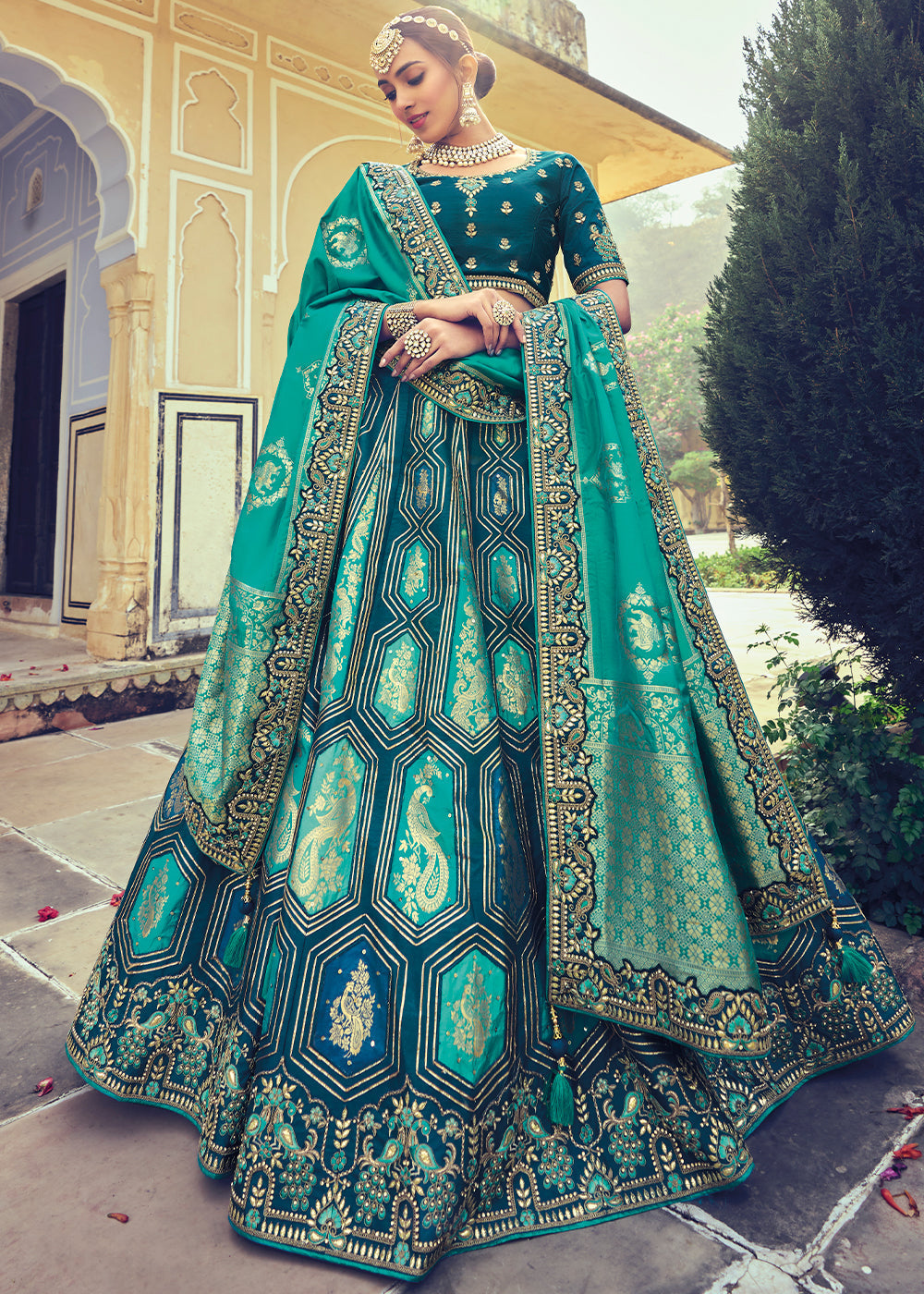 Shades Of Blue Banarasi Silk Lehenga Choli with Khatli and Heavy Embroidered work