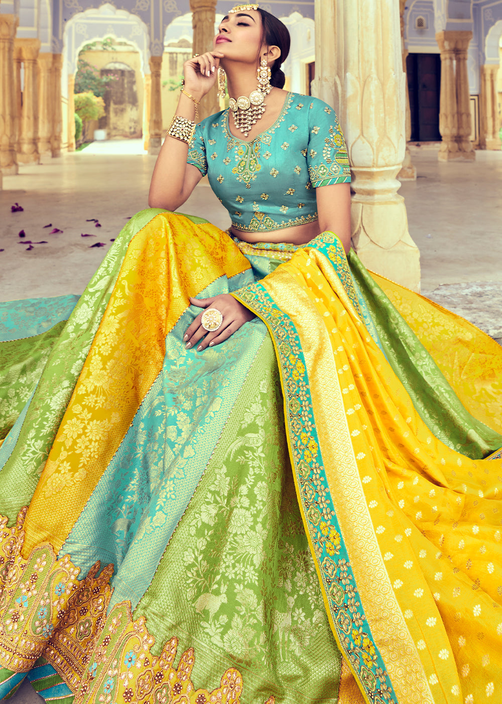 Blue & Yellow Banarasi Silk Lehenga Choli with Khatli and Heavy Embroidered work