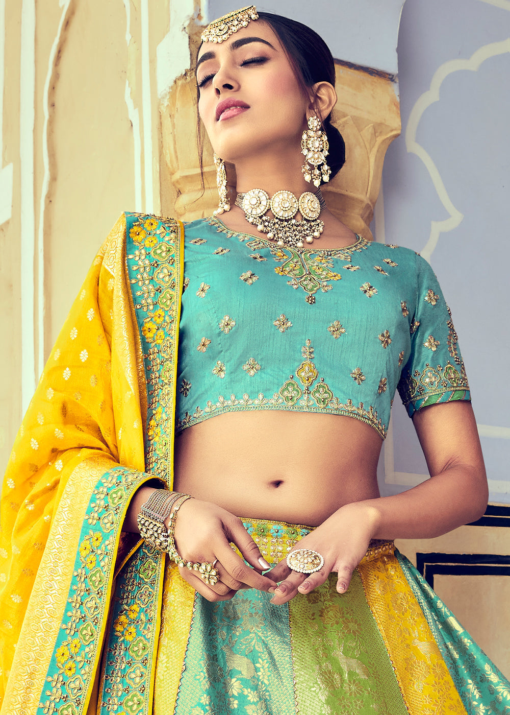 Blue & Yellow Banarasi Silk Lehenga Choli with Khatli and Heavy Embroidered work