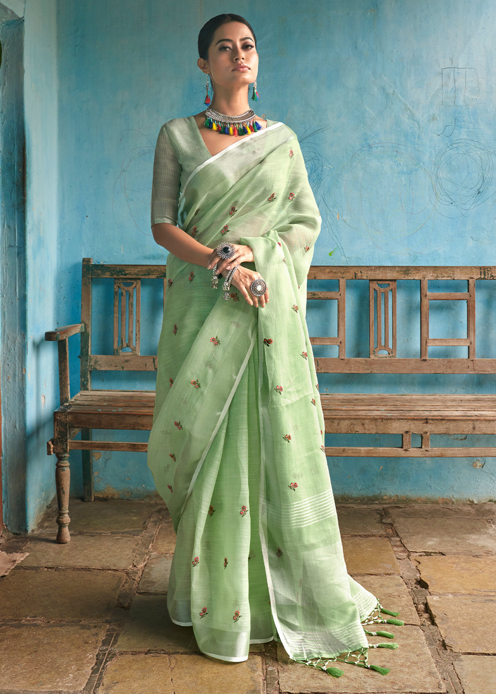 Sage Green Floral Embroidered Linen Saree