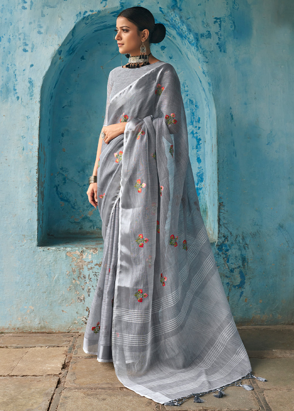 lava Grey Floral Embroidered Linen Saree