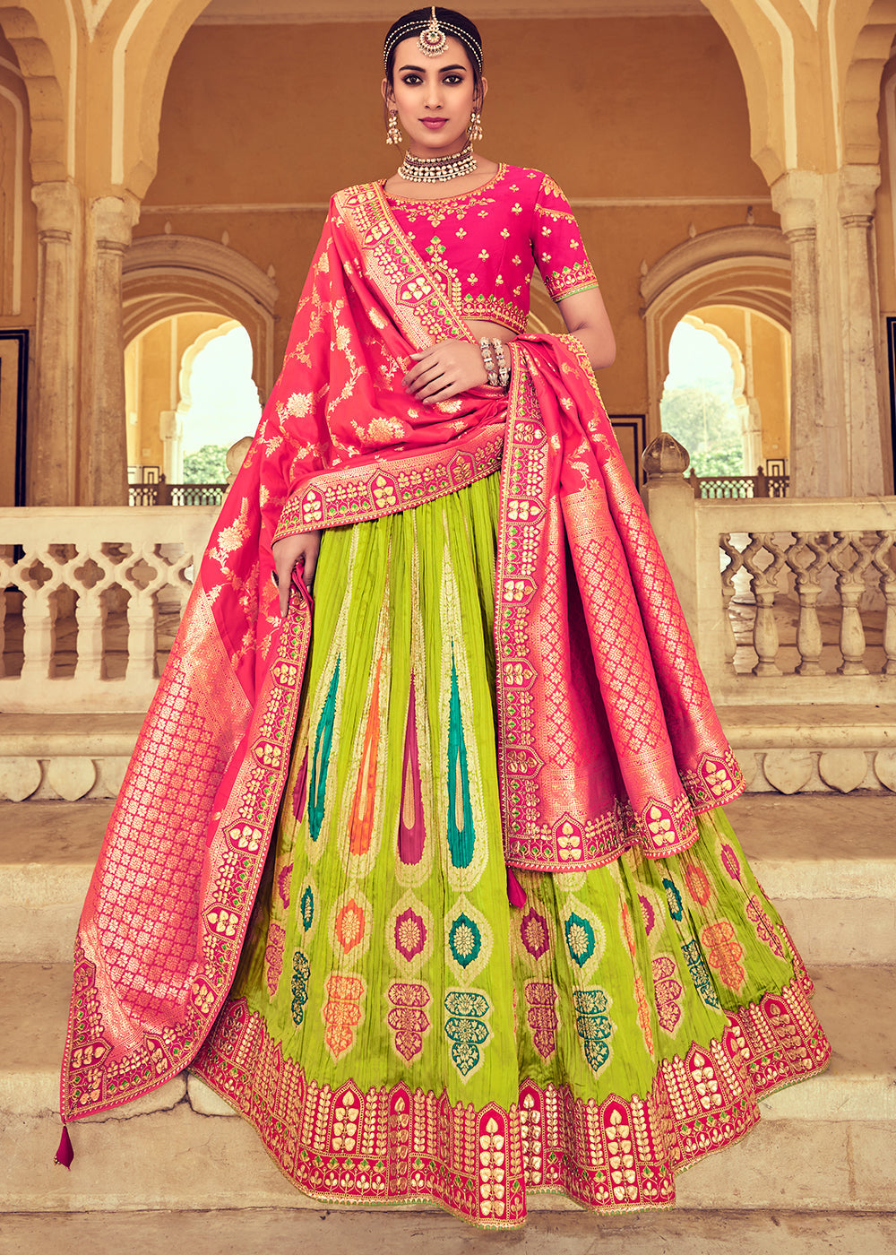 Pear Green Banarasi Silk Lehenga Choli with Khatli and Heavy Embroidered work