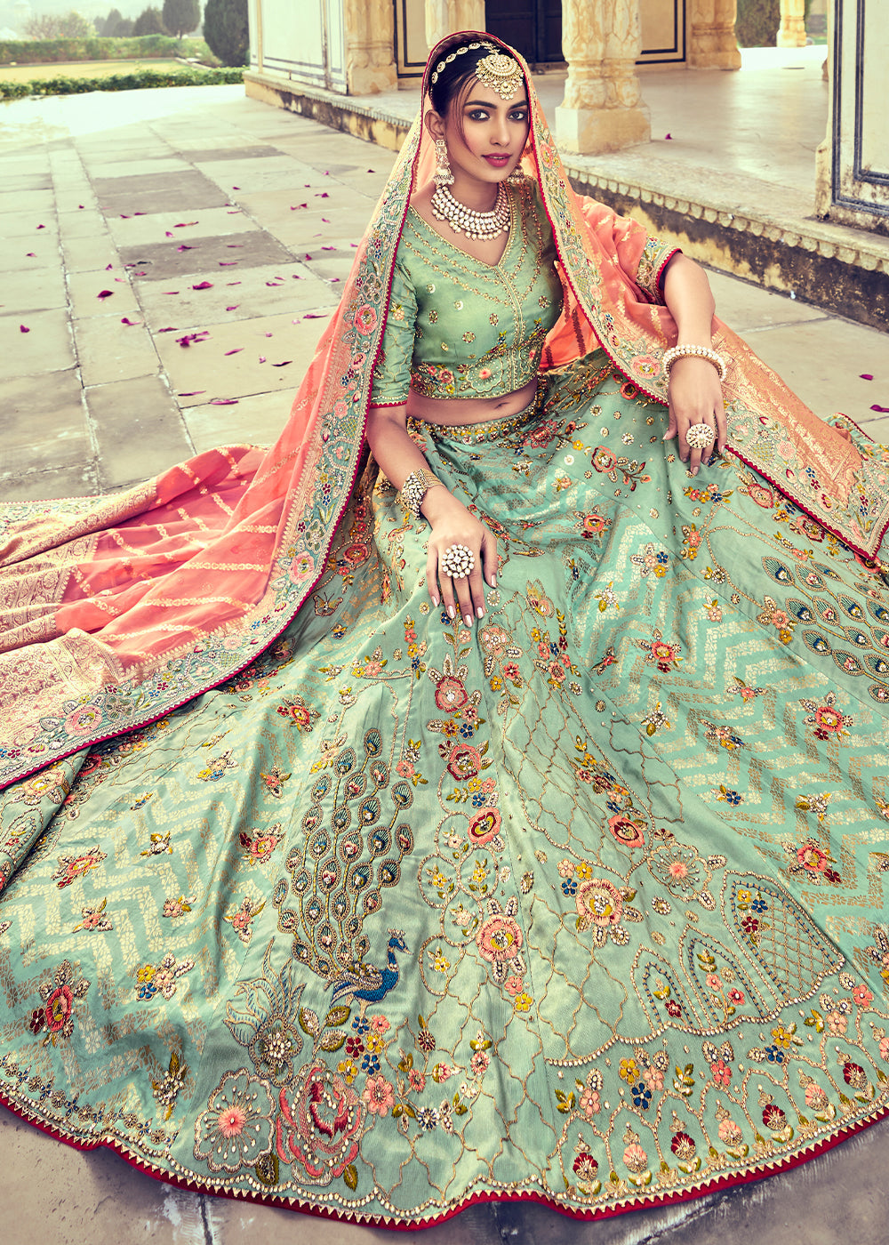 Pistachio Green Banarasi Silk Lehenga Choli with Khatli and Heavy Embroidered work