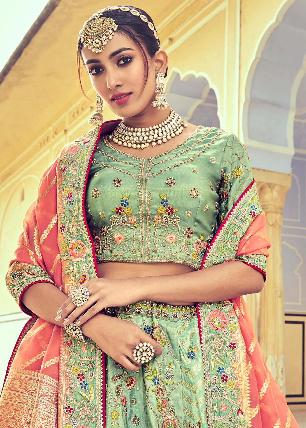 Pistachio Green Banarasi Silk Lehenga Choli with Khatli and Heavy Embroidered work