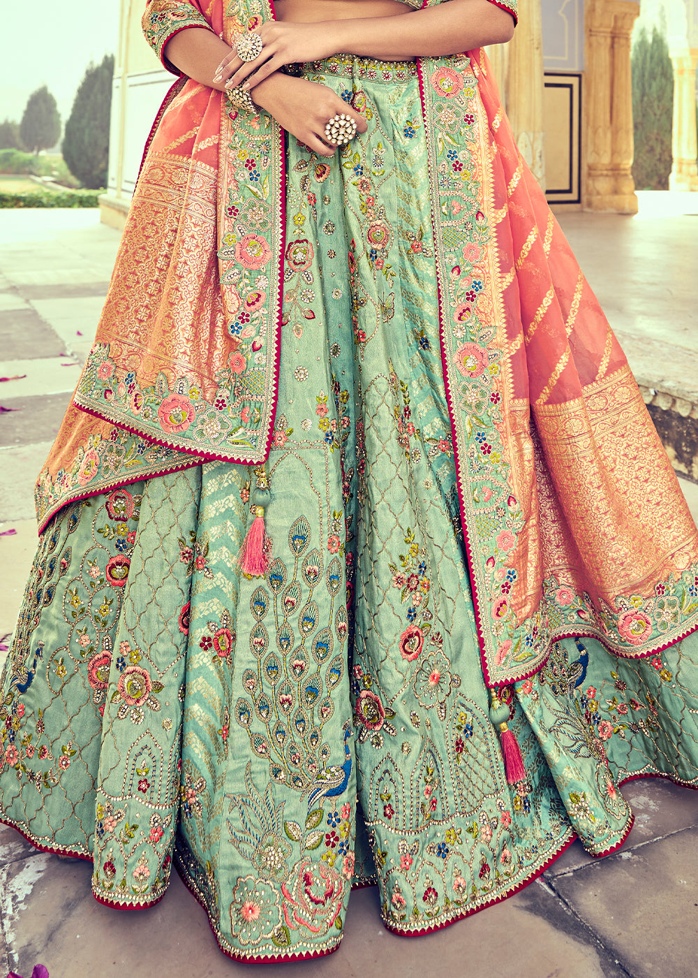 Pistachio Green Banarasi Silk Lehenga Choli with Khatli and Heavy Embroidered work