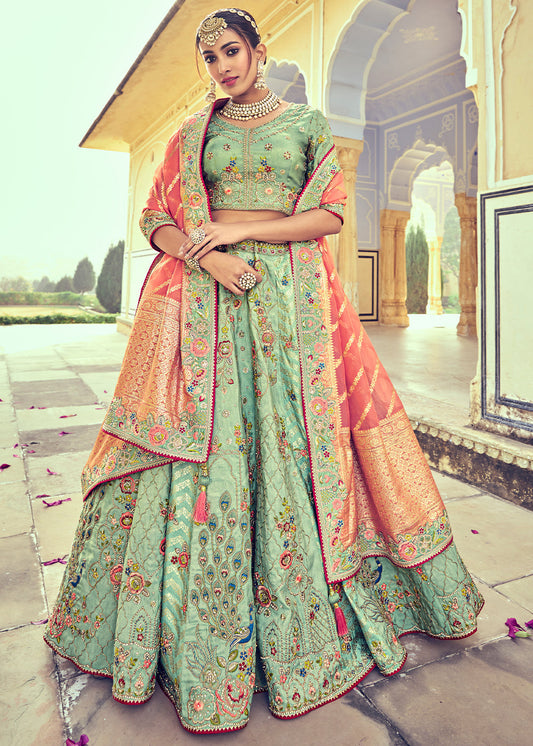 Pistachio Green Banarasi Silk Lehenga Choli with Khatli and Heavy Embroidered work