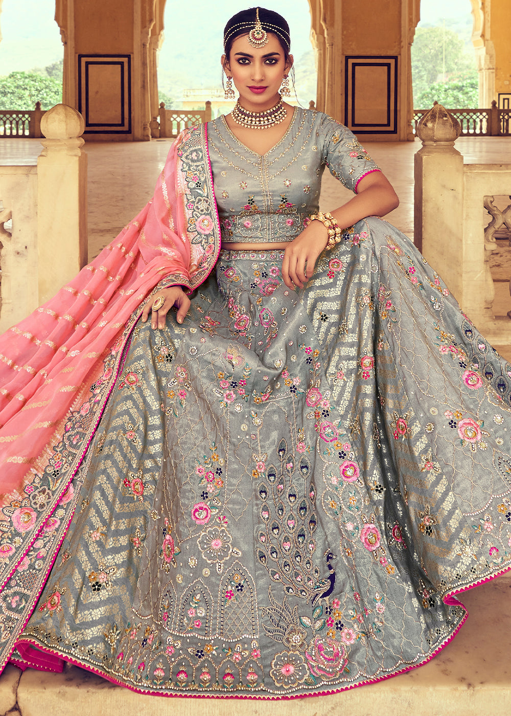 Seal Grey Banarasi Silk Lehenga Choli with Khatli and Heavy Embroidered work