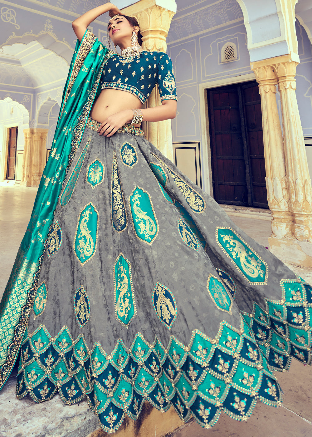 Green & Grey Banarasi Silk Lehenga Choli with Khatli and Heavy Embroidered work