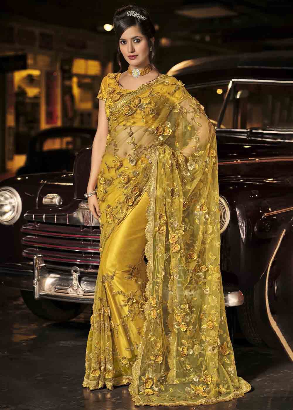 Mustard Yellow Designer Net Saree with Hand Made Flower, Moti & Cut Dana work