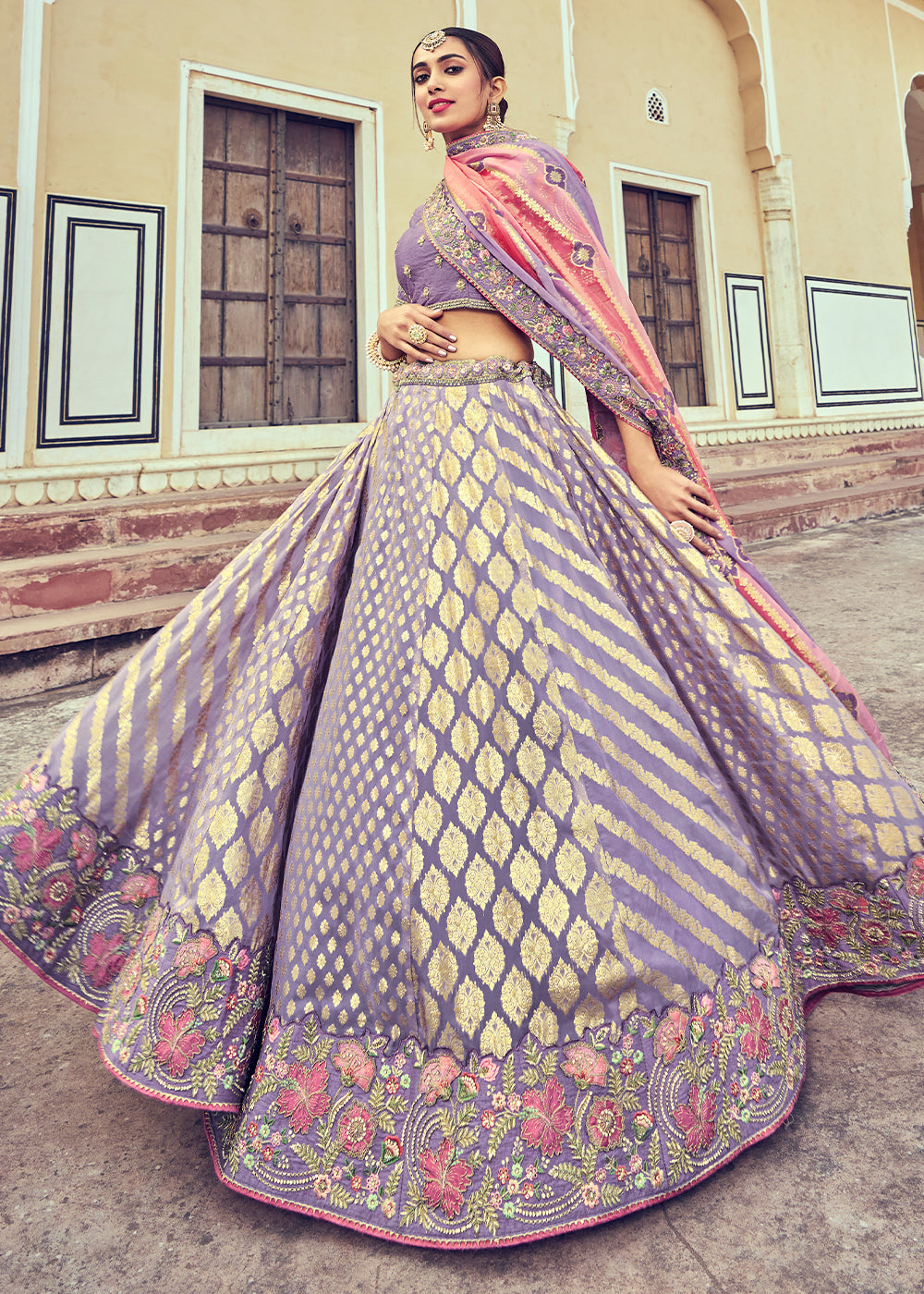 Periwinkle Purple Banarasi Silk Lehenga Choli with Khatli and Heavy Embroidered work