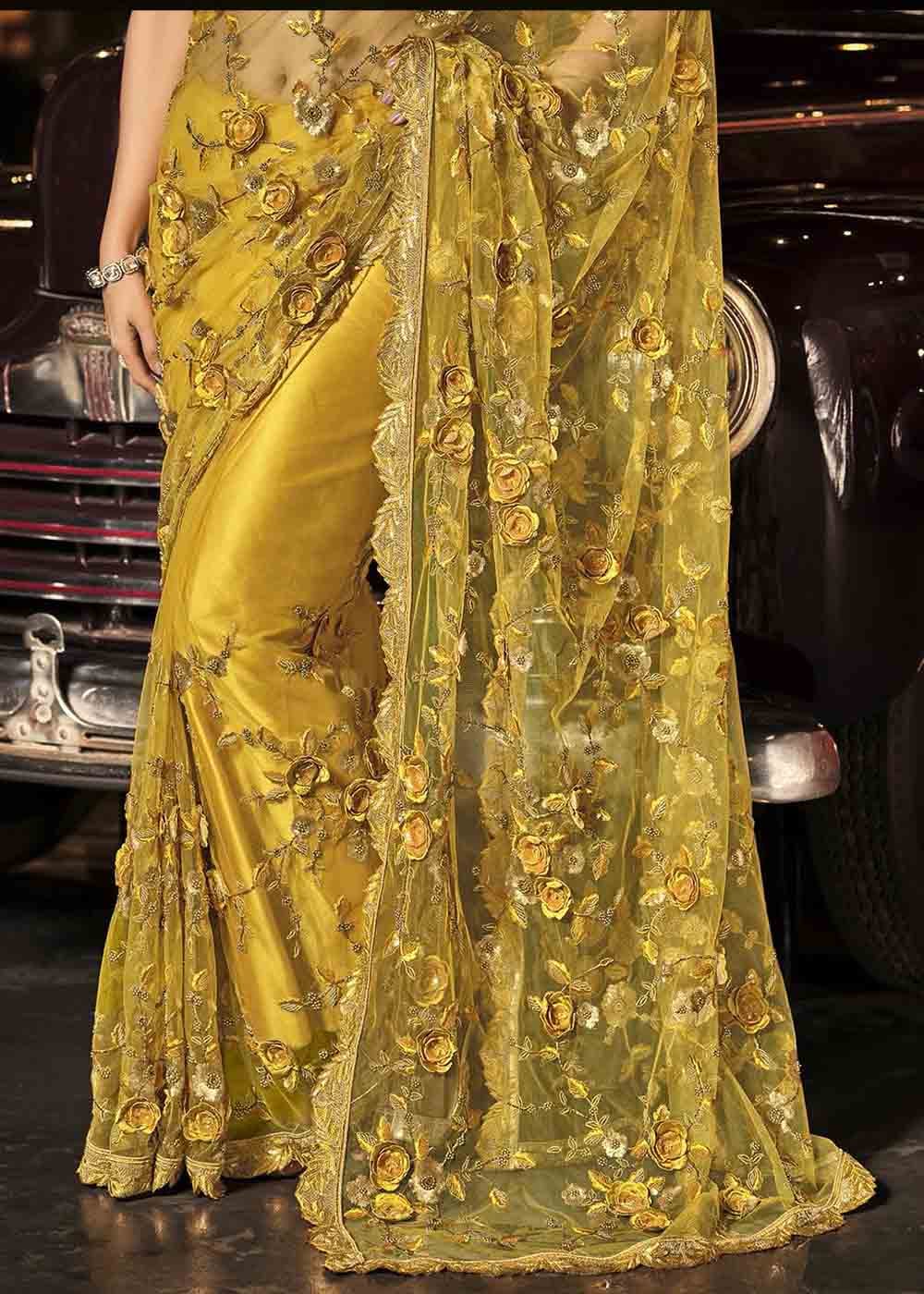 Mustard Yellow Designer Net Saree with Hand Made Flower, Moti & Cut Dana work