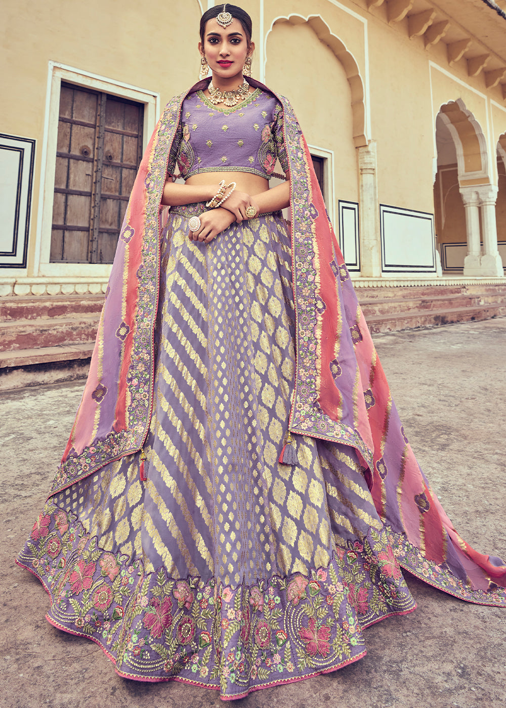 Periwinkle Purple Banarasi Silk Lehenga Choli with Khatli and Heavy Embroidered work