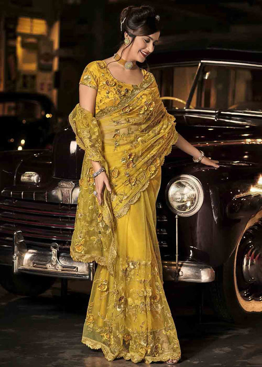 Mustard Yellow Designer Net Saree with Hand Made Flower, Moti & Cut Dana work