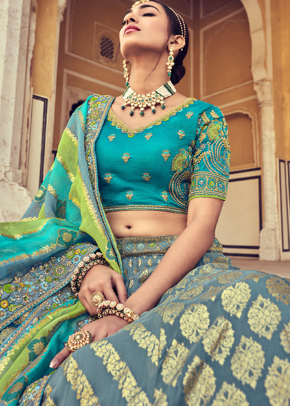 Blue & Green Banarasi Silk Lehenga Choli with Khatli and Heavy Embroidered work