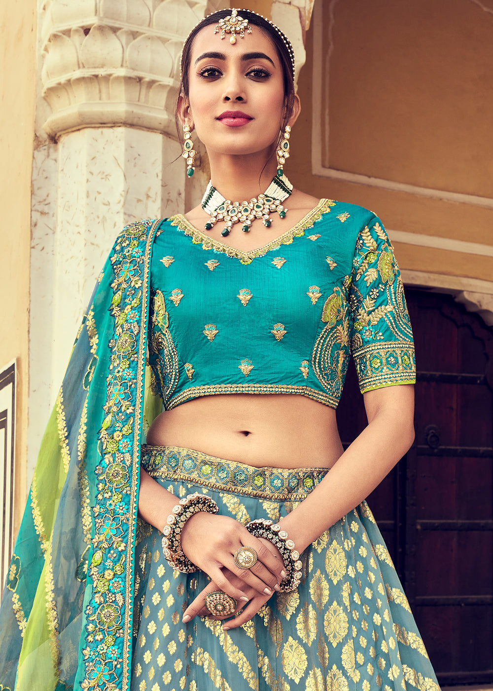 Blue & Green Banarasi Silk Lehenga Choli with Khatli and Heavy Embroidered work