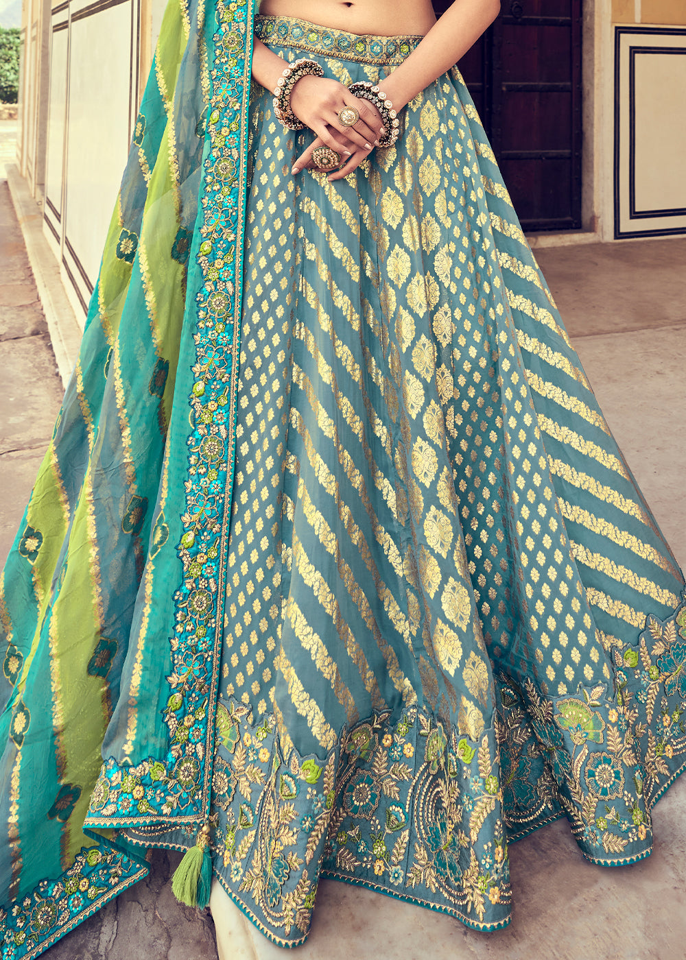 Blue & Green Banarasi Silk Lehenga Choli with Khatli and Heavy Embroidered work