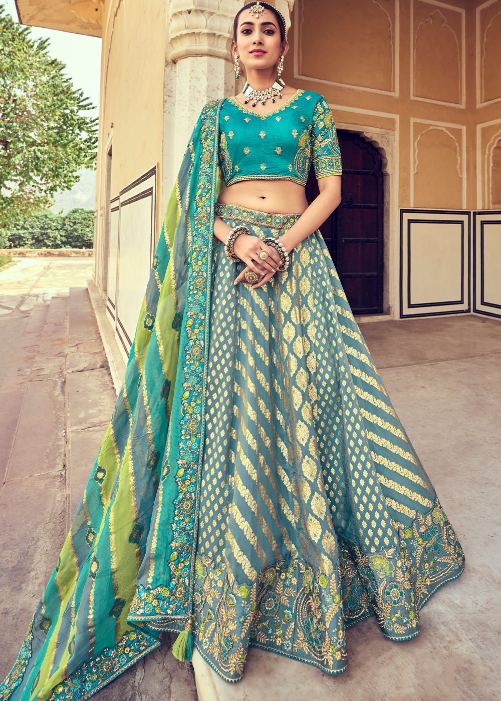 Blue & Green Banarasi Silk Lehenga Choli with Khatli and Heavy Embroidered work