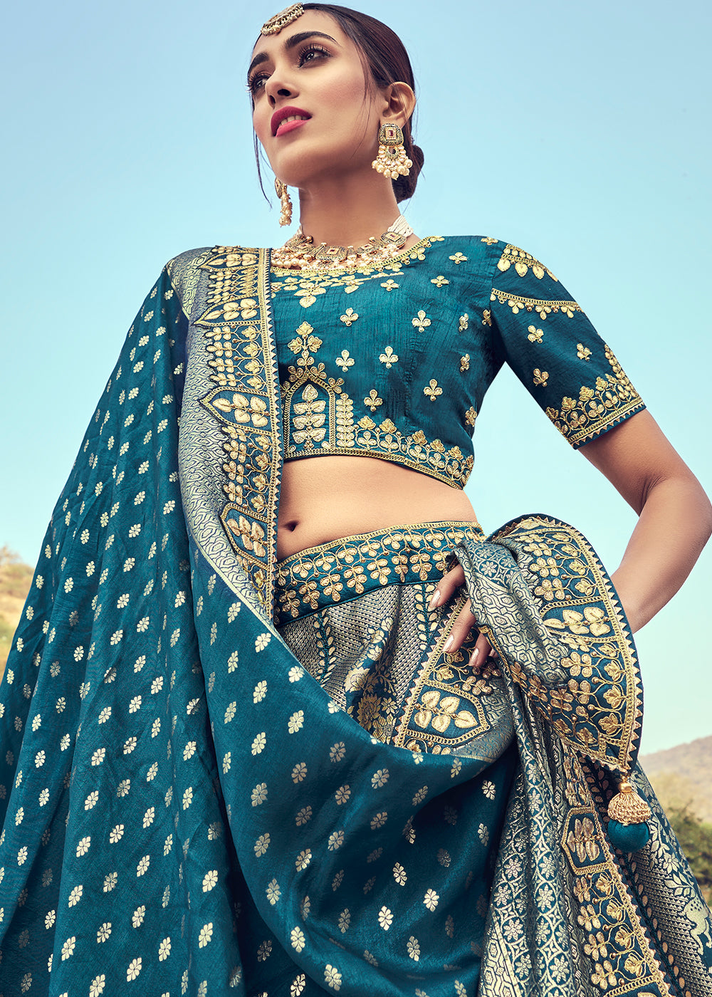 Grey & Blue Banarasi Silk Lehenga Choli with Khatli and Heavy Embroidered work