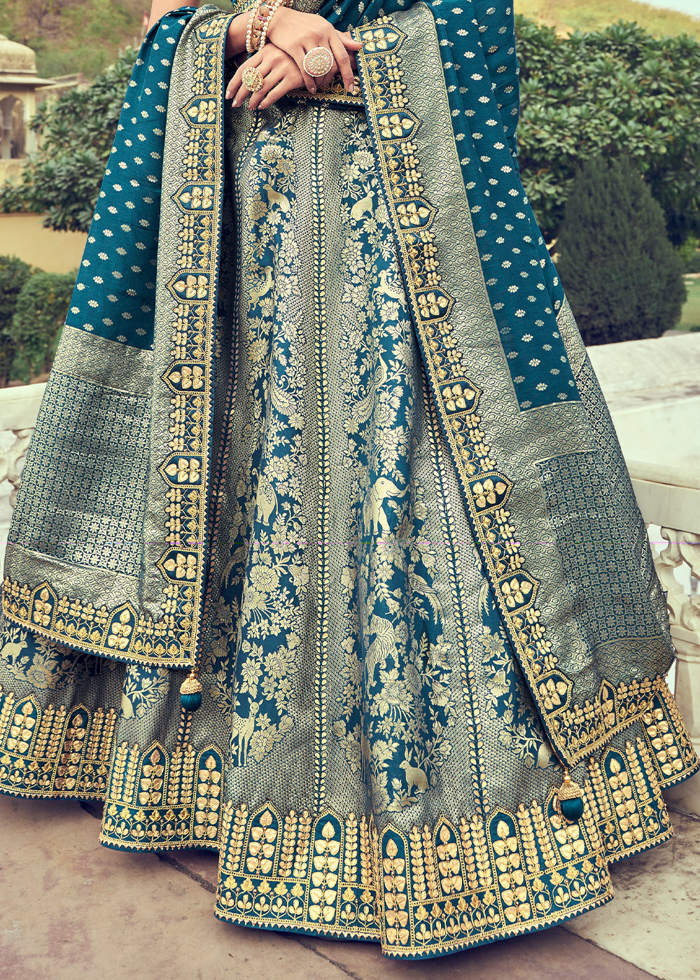 Grey & Blue Banarasi Silk Lehenga Choli with Khatli and Heavy Embroidered work