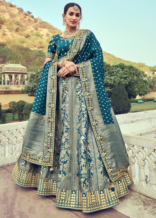 Grey & Blue Banarasi Silk Lehenga Choli with Khatli and Heavy Embroidered work