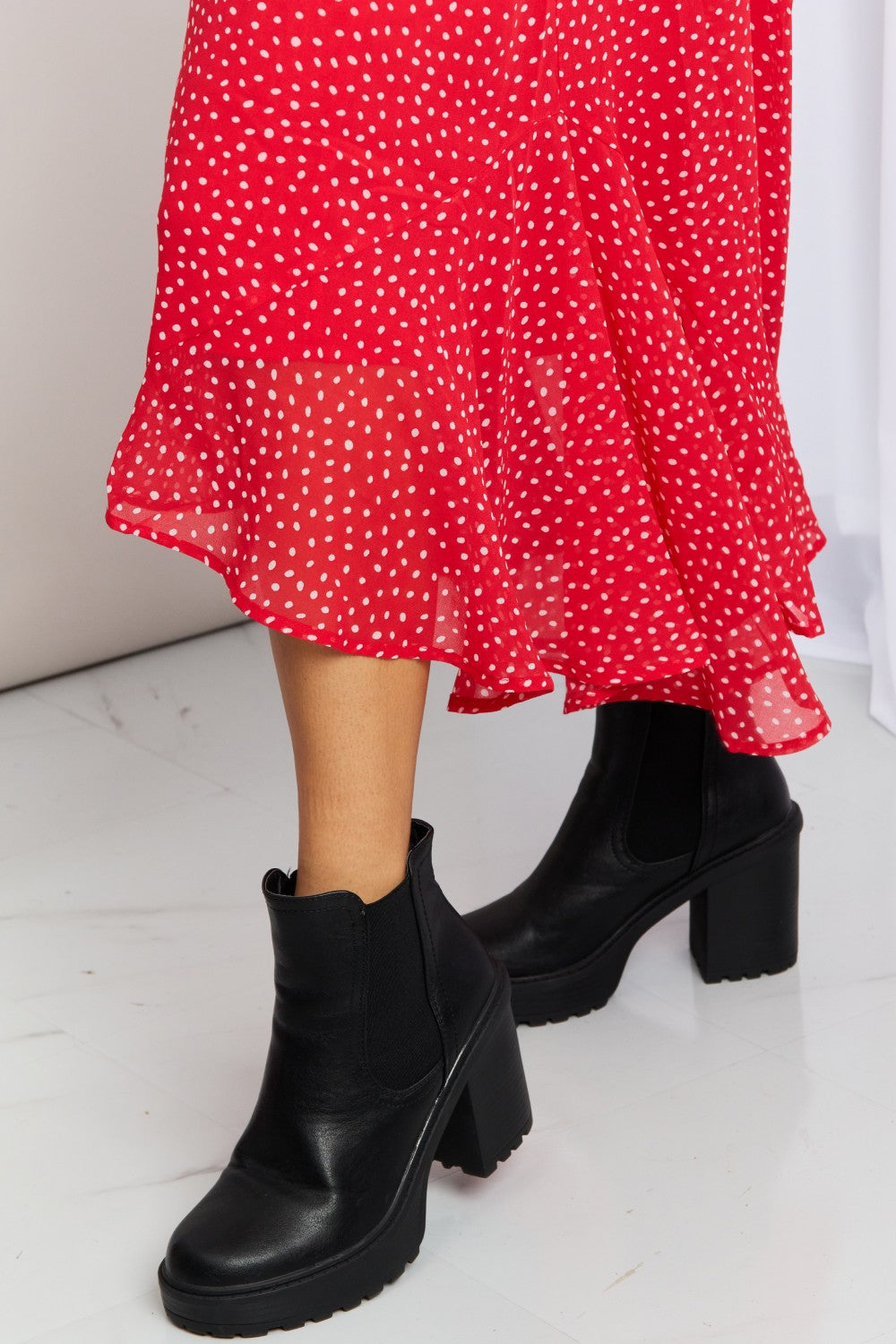 Zenana Polka Dot Ruffle Hem Midi Skirt