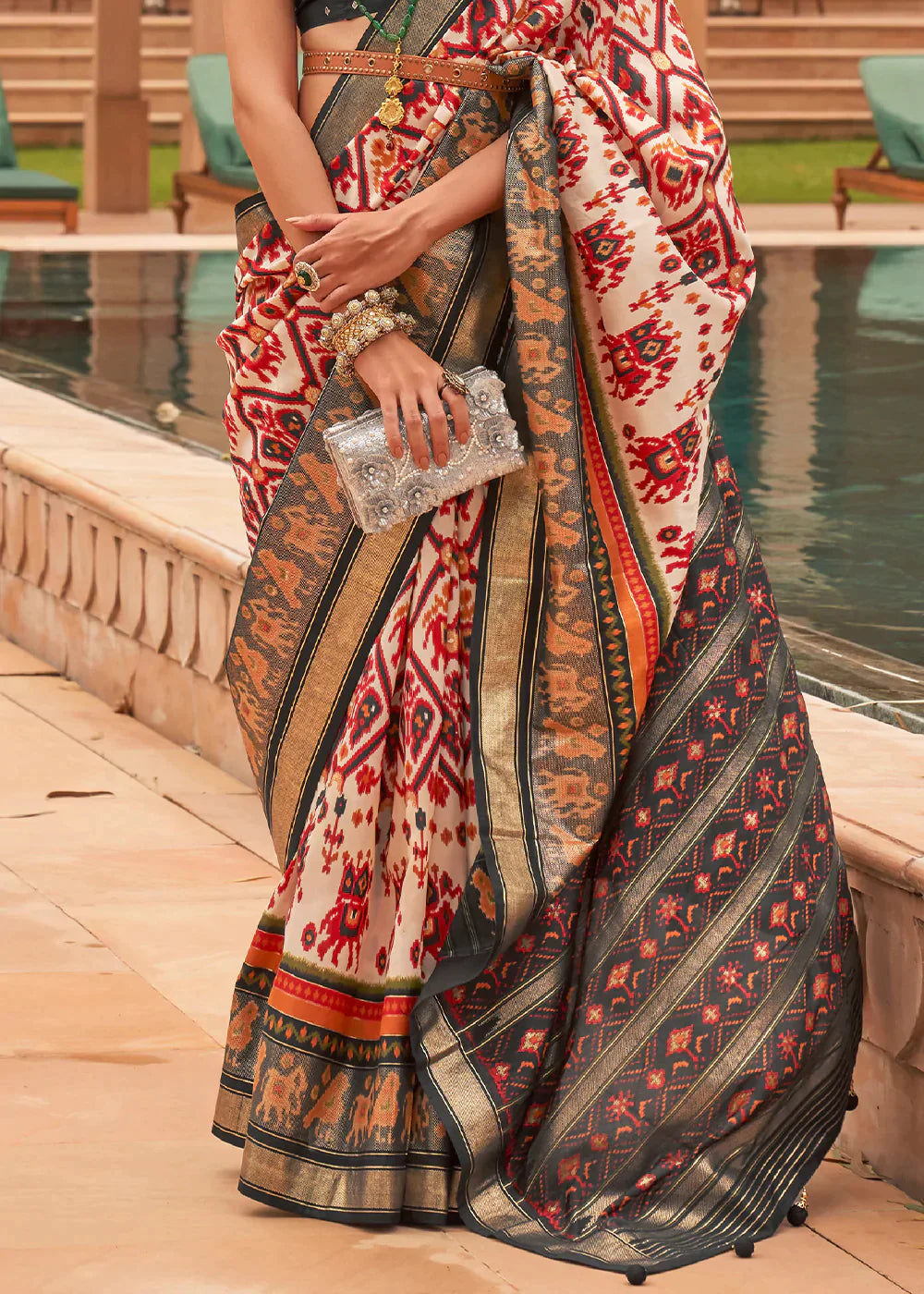 Ivory White Patola Printed Smooth Silk Saree