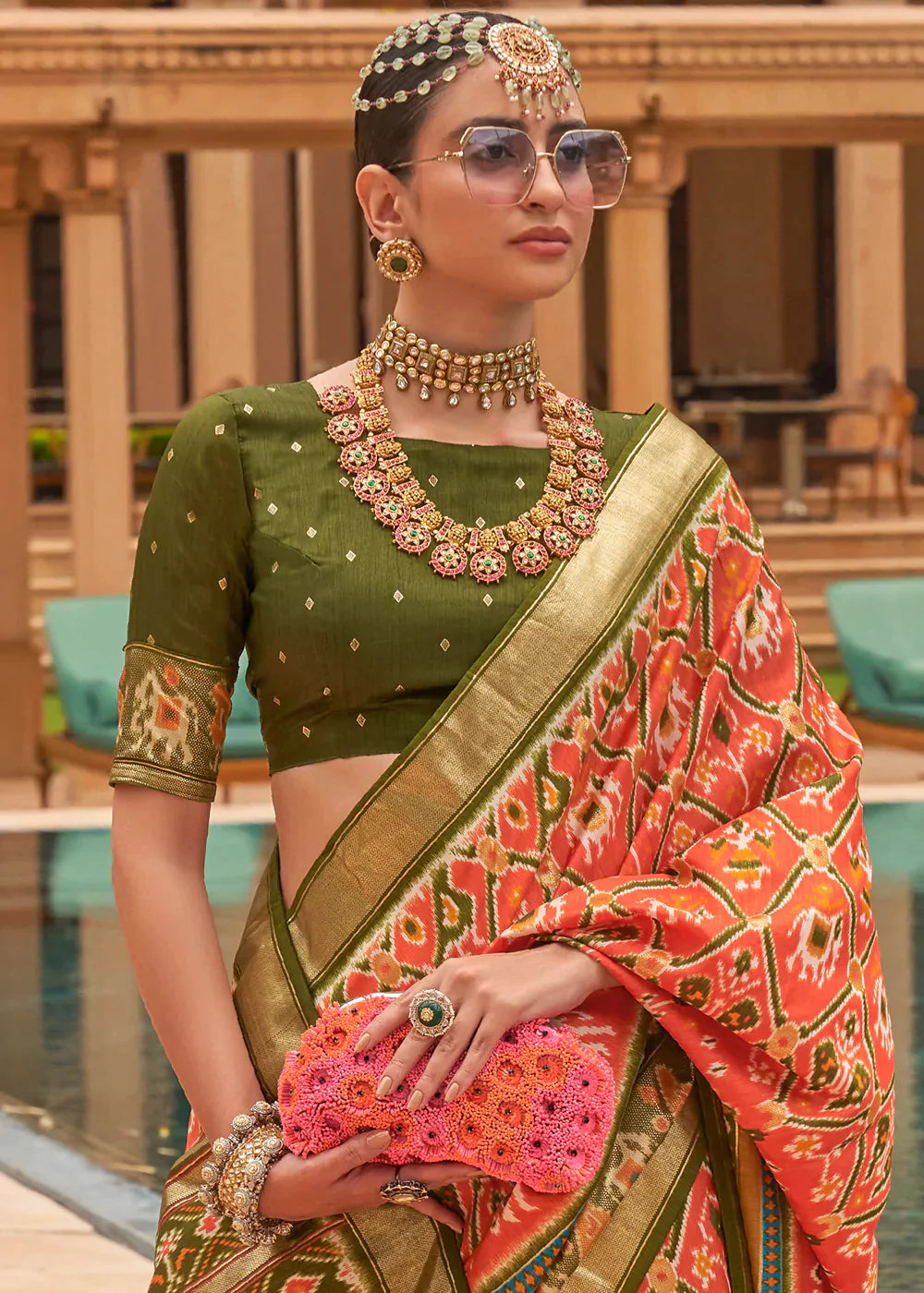 Persimmon Orange Patola Printed Smooth Silk Saree