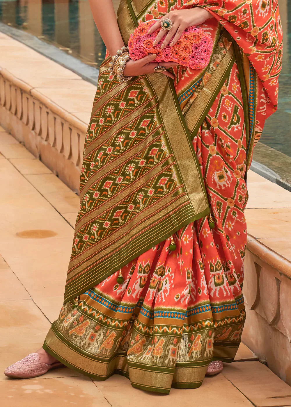 Persimmon Orange Patola Printed Smooth Silk Saree