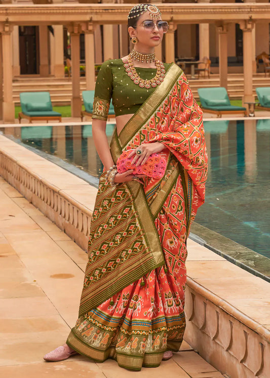 Persimmon Orange Patola Printed Smooth Silk Saree