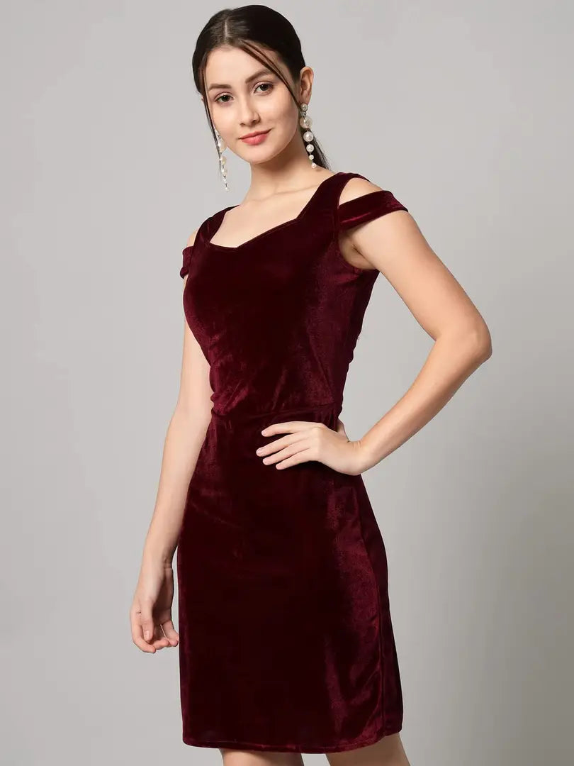 INFITROB Women Solid Stretchable Bodycon Velvet Dress