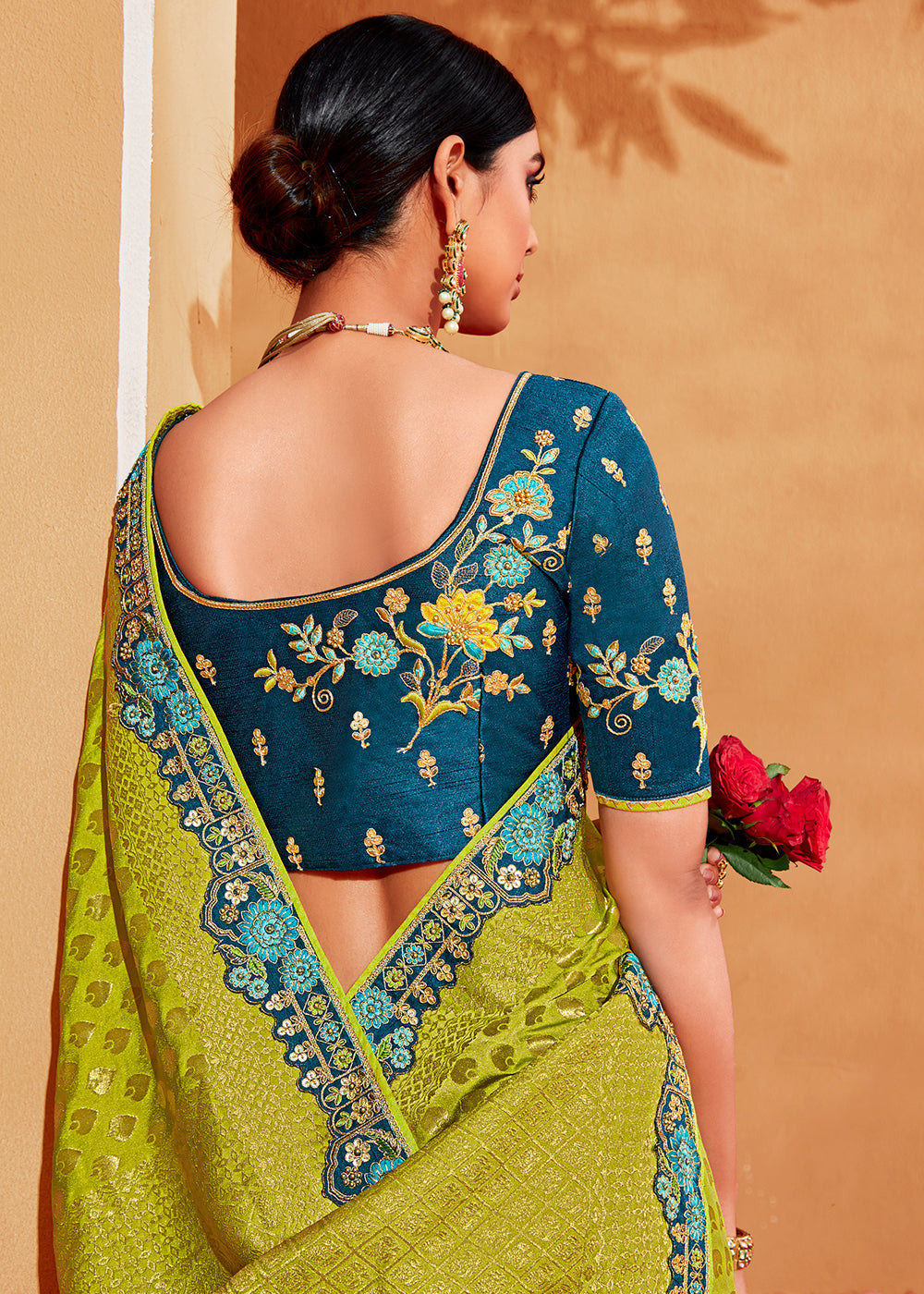 Green & Blue Half N Half Heavy Embroidered Banarasi Silk Saree