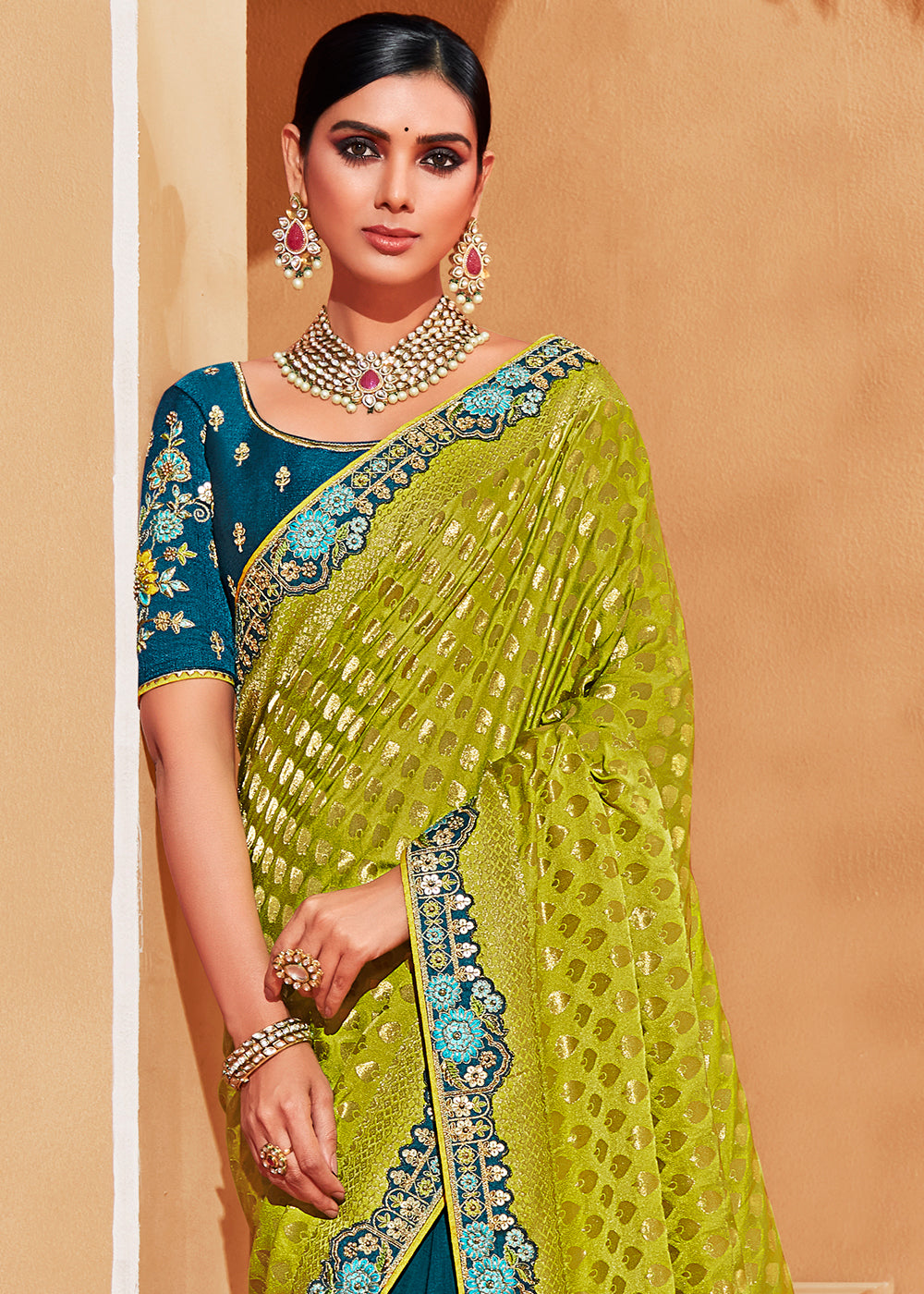 Green & Blue Half N Half Heavy Embroidered Banarasi Silk Saree