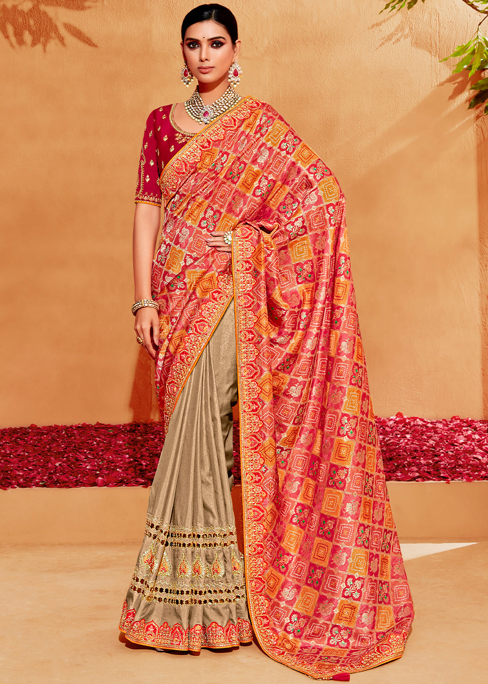 Brown & Red Half N Half Heavy Embroidered Banarasi Silk Saree