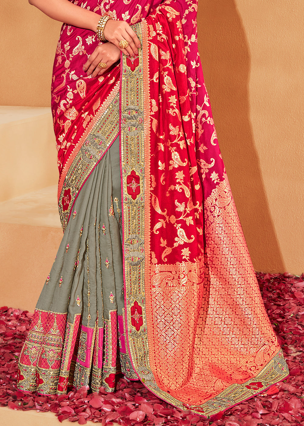 Grey & Pink Half N Half Heavy Embroidered Banarasi Silk Saree