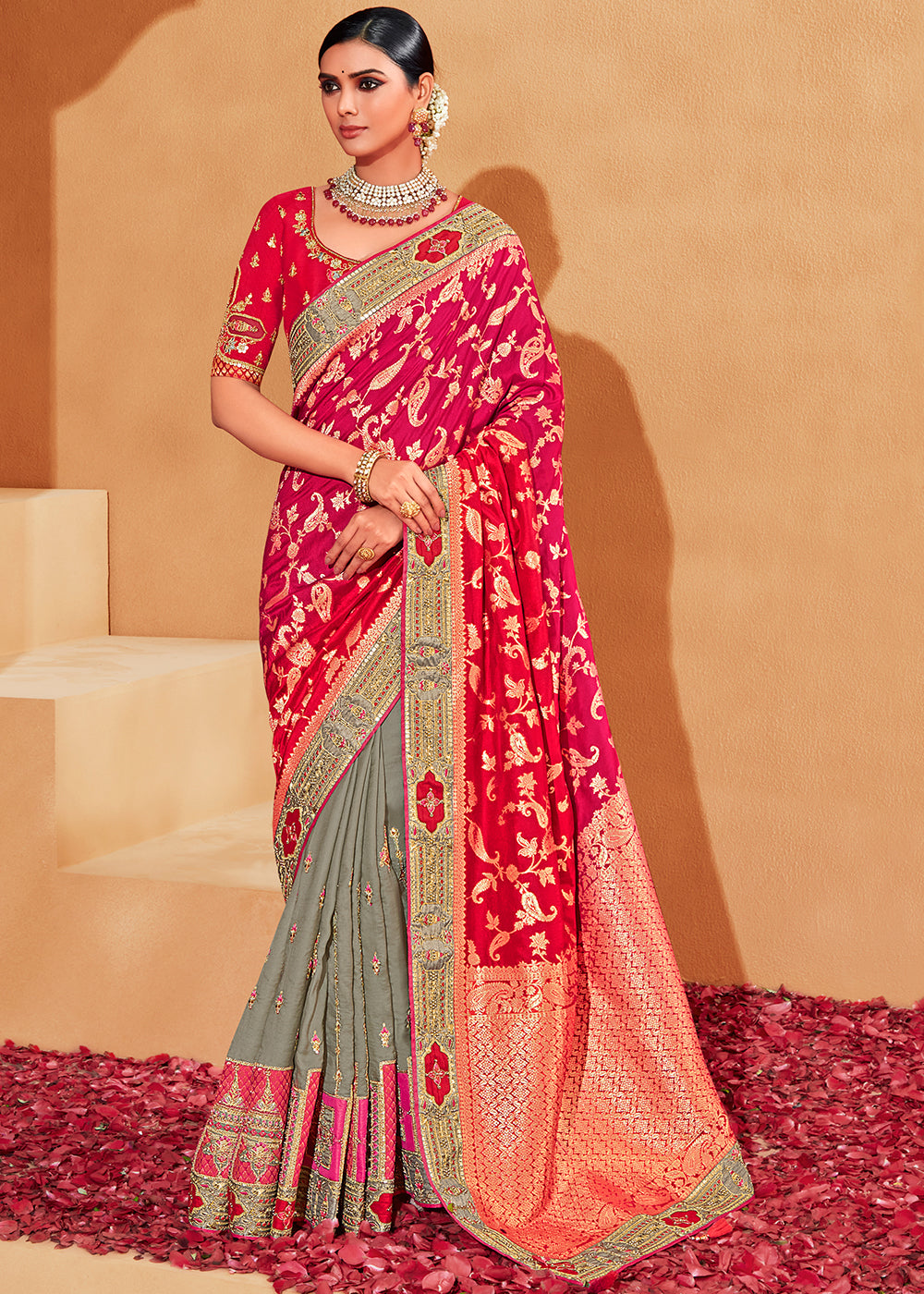 Grey & Pink Half N Half Heavy Embroidered Banarasi Silk Saree