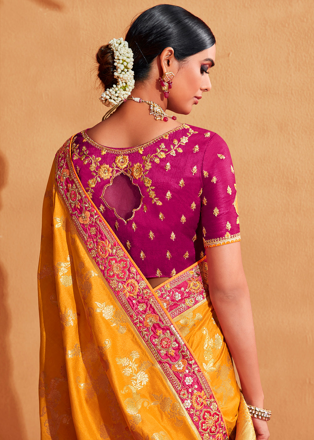 Pink & Yellow Half N Half Heavy Embroidered Banarasi Silk Saree