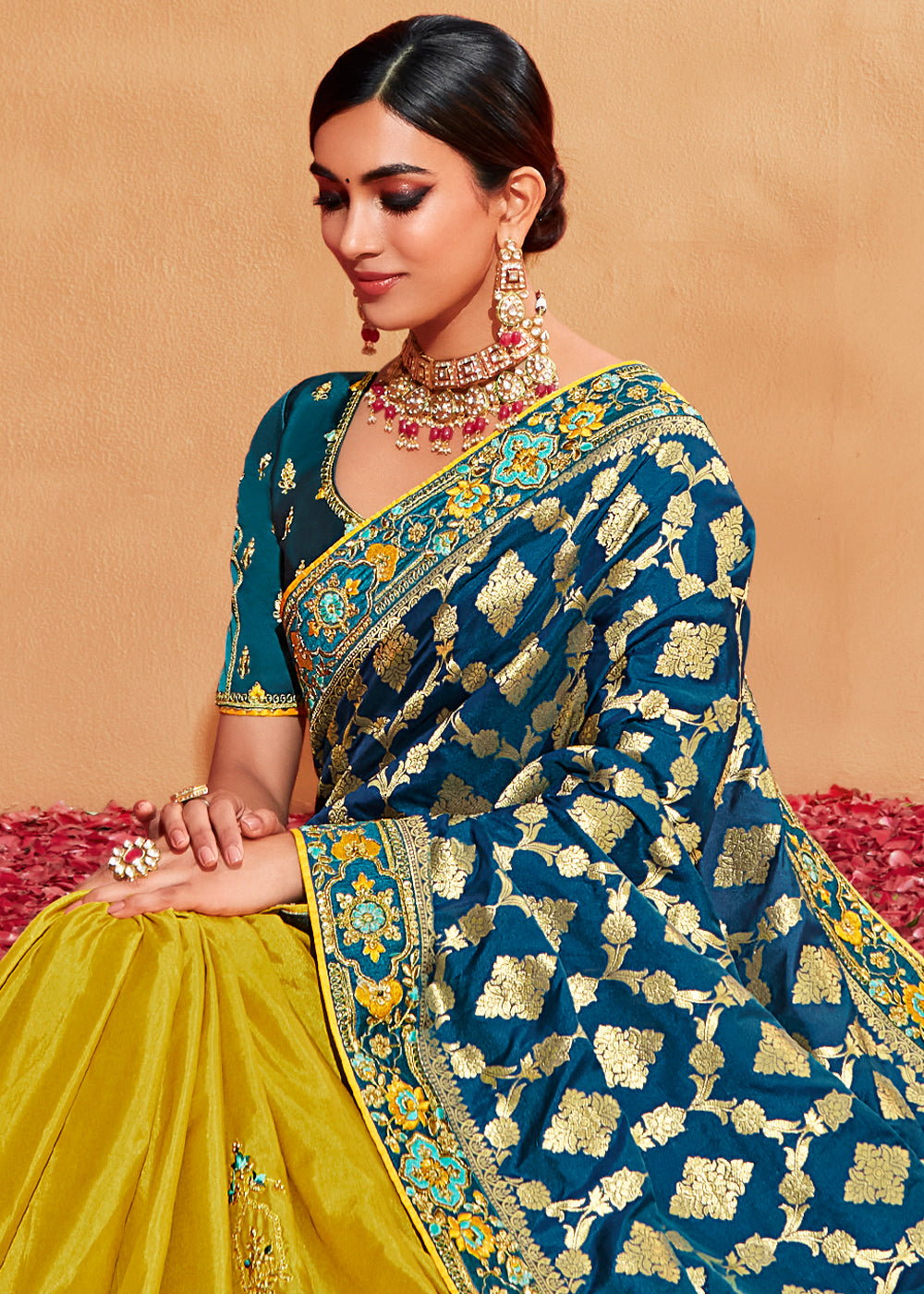 Green & Blue Half N Half Heavy Embroidered Banarasi Silk Saree