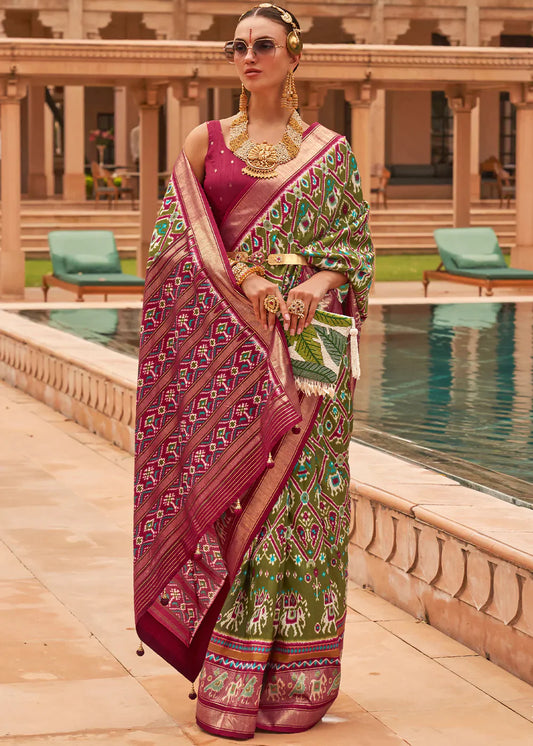 Olive Green Patola Printed Smooth Silk Saree