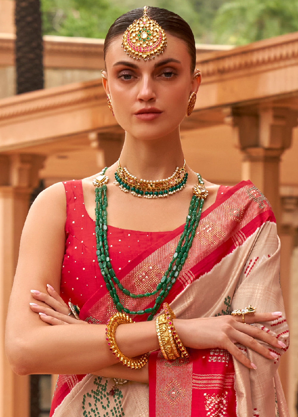 Beige Brown & Red Printed Patola Silk Saree with Swaroski Work