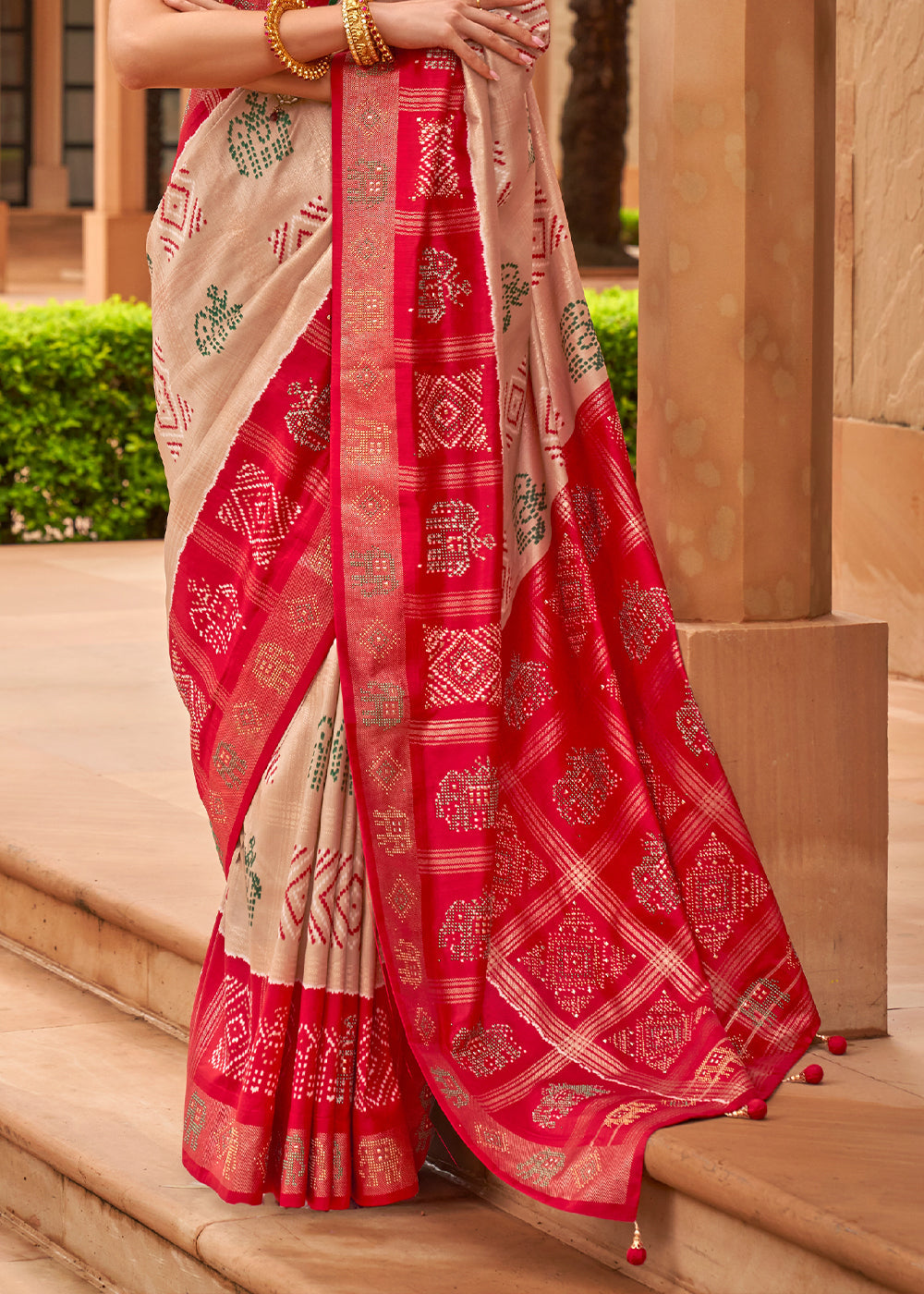 Beige Brown & Red Printed Patola Silk Saree with Swaroski Work