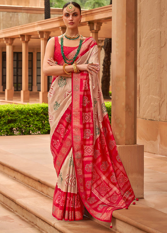 Beige Brown & Red Printed Patola Silk Saree with Swaroski Work