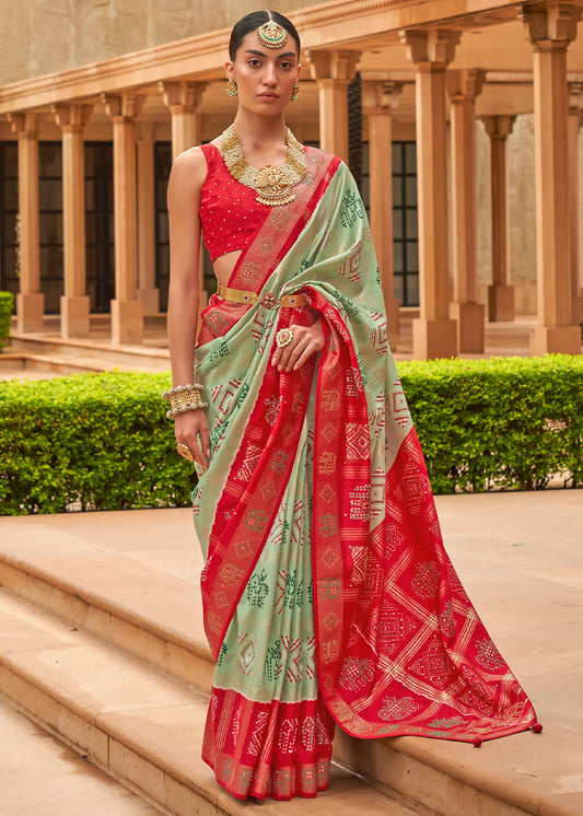 Green & Red Printed Patola Silk Saree with Swaroski Work