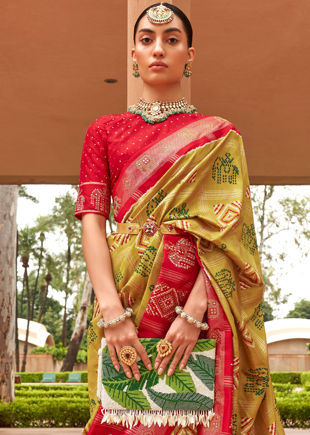 Mustard Yellow Printed Patola Silk Saree with Swaroski Work