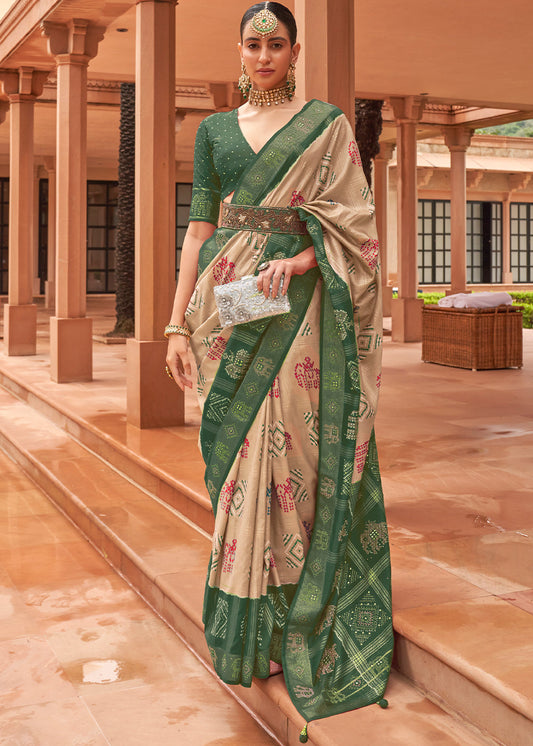 Light Brown & Green Printed Patola Silk Saree with Swaroski Work