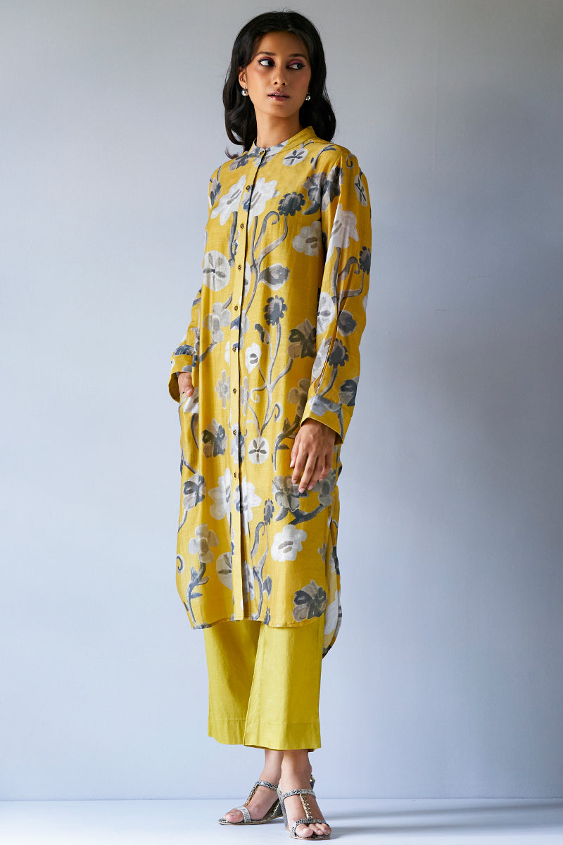 Ceylon Yellow and Grey Bemberg Silk Printed Co-ord Set