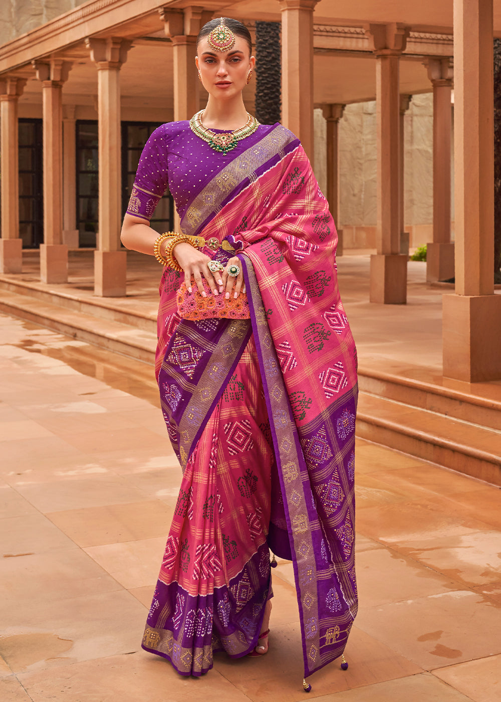 Pink & Purple Printed Patola Silk Saree with Swaroski Work