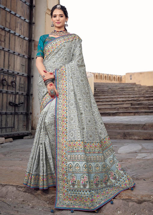 Smoke Grey Banarasi Silk Saree with Mirror, Diamond & Kachhi work